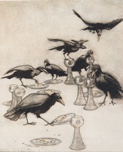 Ale říkali jeden po druhém Halloa! Kdo jedl z mého talíře? Kdo vypil můj šálek? z Pohádek bratří Grimmů, hospoda. 1909 od Arthur Rackham