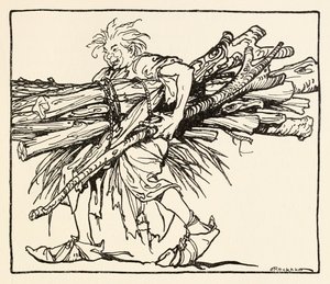 Carl staví přístřešek na noc z filmu Carl of the Drab Coat v Irish Fairy Tales od Arthur Rackham