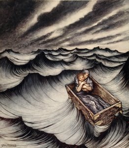 Danae pevně tleskala své dítě, ilustrace z „Zázračné knihy pro dívky a chlapce“ od Nathaniela Hawthorna od Arthur Rackham