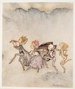 Každý, kdo zakopne o palec u nohy, tu bude s mopem a sekačkou, ilustrace od Williama Shakespearese The Tempest, hospoda. 1926 od Arthur Rackham