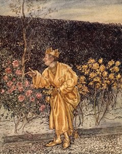 Každá květina se změnila ve zlatou, ilustrace z „Zázračné knihy pro dívky a chlapce“ od Nathaniela Hawthorna, 1928 od Arthur Rackham