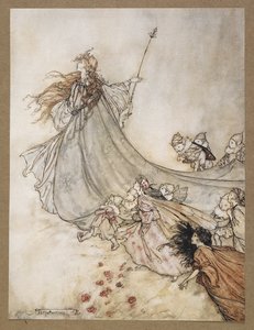 ... Víly pryč! Zůstaneme-li déle, budeme děti. Scéna ze „Snu noci svatojánské“. od Arthur Rackham