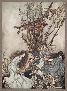 Víly nikdy neříkají We feel happy, what they say is We fall dancey, from Peter Pan in Kensington Gardens by J M Barrie (1860 - 1937), pub. 1906 od Arthur Rackham