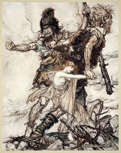 "Fasolt se náhle zmocní Freii a odtáhne ji stranou s Fafnerem", 1910. od Arthur Rackham