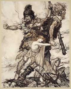Fasolt náhle uchvátí Freiu a odtáhne ji stranou s Fafnerem, ilustrace z 