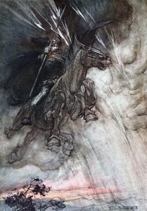 Wotan zuřivě jede ke skále. Ilustrace pro The Rhinegold and The Valkyrie od Richarda od Arthur Rackham