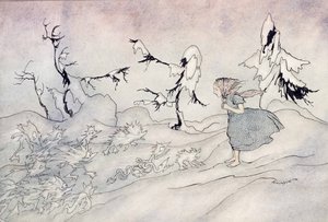 Gerdu děsí předvoj Sněhových královen, ale řekla Otče náš a zachrání ji malí bystrí andělé, ilustrace ze Sněhové královny od Hanse Christiana Andersena, vydáno 1932 (wc & i od Arthur Rackham