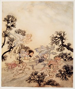 Jdi nabít mé skřety, že si drtí klouby suchými křečemi, ilustrace od Williama Shakespearese Bouře, hospoda. 1926 od Arthur Rackham