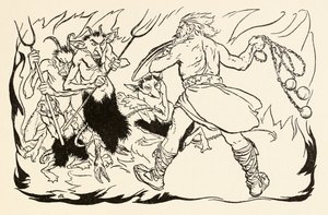 Goll mac Morna útočí na peklo, aby zachránil Fionn a Fiannu-Finn z The Little Brawl at Allen v Irish Fairy Tales od Arthur Rackham
