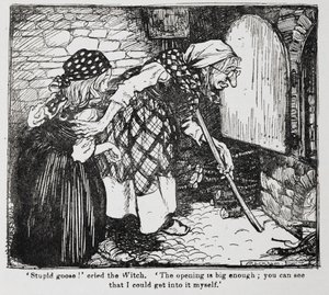 Grethel a stará čarodějnice u pece od Jeníček a Grethel. od Arthur Rackham
