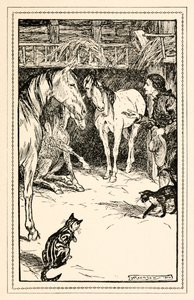 Gulliver má tu čest být vyslýchán hosty jeho pánů z Části IV: Cesta do země Houyhnhnmů v Gullivers Travels od Jonathana Swifta od Arthur Rackham