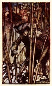 Gulliver je zasažen strachem na první pohled na Brobdingnagianské ženci z Part II: A Voyage to Brobdingnag v Gullivers Travels od Jonathana Swifta od Arthur Rackham