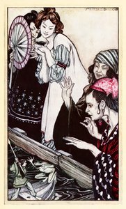 Setkání Gulliverů se žábou z části II: A Voyage to Brobdingnag v Gullivers Travels od Jonathana Swifta od Arthur Rackham