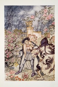 Slyšel hlasitý zvuk a viděl, jak se k němu blíží zvíře, na pohled tak děsivé, že byl připraven omdlít strachy, z hospody The Arthur Rackham Fairy Book. 1933 od Arthur Rackham