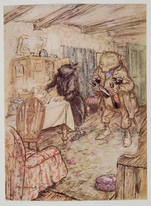 Vzápětí se znovu objevil, poněkud zaprášený, s lahví piva v každé tlapce a další pod paží, z hospody Wind in the Willows od Kennetha Grahama (1859 - 1932). 1940 od Arthur Rackham