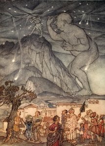 Herkules pokrčil rameny, ilustrace z knihy "Zázračná kniha pro dívky a chlapce" od Nathaniela Hawthorna, 1928. od Arthur Rackham