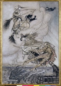 Ahoj! Vzhůru do komína! Hey After you!, ilustrace v The Ingoldsby Legends of Mirth and Marvels, 1907 (pero a inkoust s wc na papíře) od Arthur Rackham