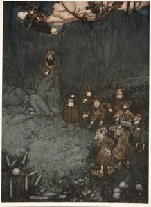 Jeho otec je viděl v jejich starých holandských šatech hrát na kuželky, z hospody Rip Van Winkle od Washingtona Irvinga. 1910 od Arthur Rackham