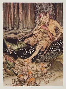 Hop-o-my-palec se tiše zvedl ke zlobrovi a zul si jeho sedmiligové boty z hospody The Arthur Rackham Fairy Book. 1933 od Arthur Rackham