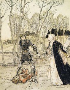 Jak Beaumains porazil Rudého rytíře a damosel na něj vždy mluvil mnoho sprostých slov (pero, inkoust a wc) od Arthur Rackham