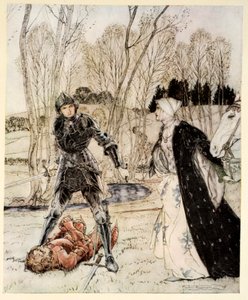 Jak Beaumains porazil Rudého rytíře a dívka k němu vždy mluvila mnoho sprostých slov, ilustrace z „Romantika krále Artuše a jeho rytířů kulatého stolu“ od Alfreda W. Pollarda, 1910 od Arthur Rackham