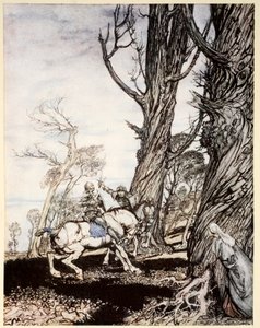Jak sir Launcelot zabil rytíře sira Perise de Forest Savage, který trápil dámy, dámy a gentlemanky, ilustrace z „Romance krále Artuše a jeho rytířů kulatého stolu“ od A. od Arthur Rackham