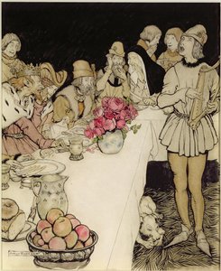 Jak na velkou hostinu, kterou uspořádal král Marek, přišel harfeník Eliot a zazpíval lež, kterou udělal Dinadan (pero a inkoust, wc) od Arthur Rackham