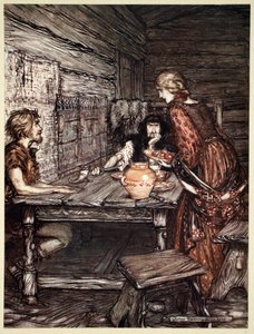 „Hunding objevuje podobnost mezi Siegmundem a Sieglundem“, 1910. od Arthur Rackham