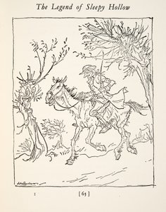 Ichabod Crane uniká před bezhlavým jezdcem, z Legendy o ospalé prohlubni od Washingtona Irvinga (1783 - 1859), hospoda. 1928 od Arthur Rackham