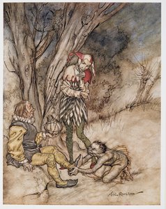 Ill kiss they foot: Přísahám si téma, ilustrace z Williama Shakespeara Bouře, hospoda. 1926 od Arthur Rackham