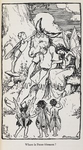 Ilustrace ze Snu noci svatojánské s vílami a mužem s oslí hlavou. od Arthur Rackham