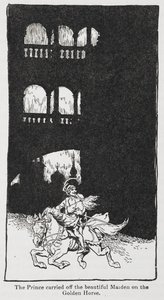 Ilustrace ze Zlatého ptáka, kdy princ unáší dívku na koni. od Arthur Rackham