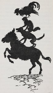 Ilustrace z Brémských hudebníků osla, psa, kočky a kohouta. od Arthur Rackham