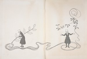 Ilustrace Scrooge. Na jedné straně je zobrazen snítkou cesmíny, jak svírá pytel s penězi a vypadá naštvaně. Na druhé straně je zobrazen se snítkou jmelí, která vypadá šťastně. od Arthur Rackham