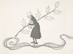 Ilustrace Scrooge, znázorněného snítkou cesmíny, jak svírá pytel peněz a vypadá naštvaně. od Arthur Rackham