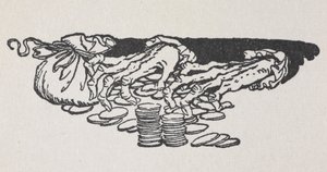Ilustrace Scroogeových rukou počítání peněz od Arthur Rackham