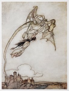 Ilustrace draka odnášejícího princeznu ze Čtyři chytří bratři. od Arthur Rackham