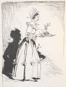 Ilustrace ženy nesoucí vánoční pudink od Arthur Rackham