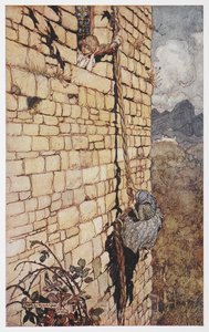 Ilustrace čarodějnice šplhající po Rapunzeliných vlasech. od Arthur Rackham