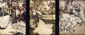 Ilustrace k filmu Morte d"Arthur: Sir Galahad kreslí Balinův meč z plovoucího kamene; La Cole Same Taile zabíjí lva, který ohrozil královnu Gueneveru; a Beaumains poráží zeleného rytíře, 1902 od Arthur Rackham