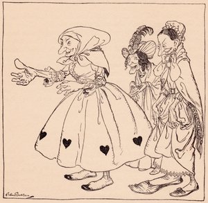 Vstoupily tři ženy oblečené tím nejúžasnějším způsobem. Ilustrace Arthura Rackhama z Grimm