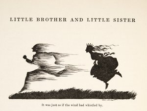 Bylo to, jako by kolem prosvištěl vítr, z Bratříčka a sestřičky a jiné pohádky bratří Grimmů, pub. 1917 (litho) od Arthur Rackham