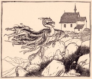 Netrvalo dlouho a sedmihlavý drak přišel a hlasitě řval. Ilustrace Arthur Rackham z Grimmovy pohádky Dva bratři. od Arthur Rackham