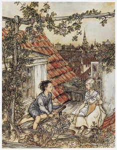 "Kay a Gerda na jejich zahradě vysoko na střeše". Dvě děti sedící na střeše domu. Ilustrace pro "malou holčičku a chlapečka". od Arthur Rackham