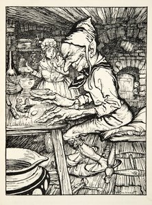 Lež!, zařval obr a pak slepice okamžitě snesla vejce z masivního zlata z hospody The Arthur Rackham Fairy Book. 1933 od Arthur Rackham
