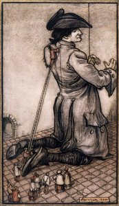 Liliputští krejčí měří Gullivera, aby mu vyrobili nový oblek, ilustrace Arthur Rackham (1867-1939) z Gulliver