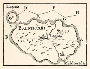 Mapa Laputy (létající ostrov vpravo nahoře) a Balnibarbi (hlavní přístav Maldonado) z části III: Cesta do Laputy, Balnibarbi, Luggnagg, Glubbdubdrib a Japonska v Gullivers Travels od Jonathana Swifta