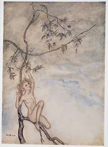 Vesele, vesele teď budu žít pod květem, který visí na větvi, ilustrace z William Shakespeares Bouře, hospoda. 1926 od Arthur Rackham