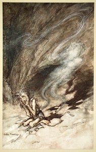 „Mime se svíjí pod řasami, které dostává“, 1910. od Arthur Rackham
