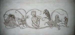 Peter Pan, ilustrace z „Peter Pan in Kensington Gardens, London“, vydané v roce 1906 (pero a inkoust a akvarel na papíře) od Arthur Rackham